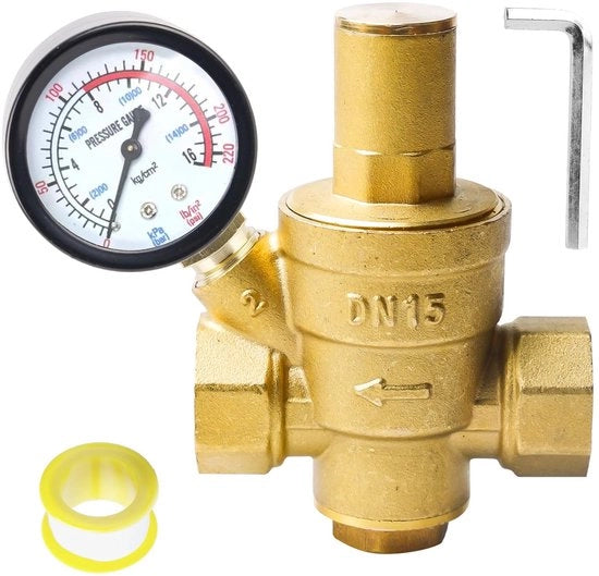 Regolatore di Pressione Acqua - 1/2 Pollici DN15 - Regolatore di Pressione Regolabile - Manometro - Fusto di Acciaio Inox - Valvola di Surplus di Pressione - Regolatore di Pressione Acqua