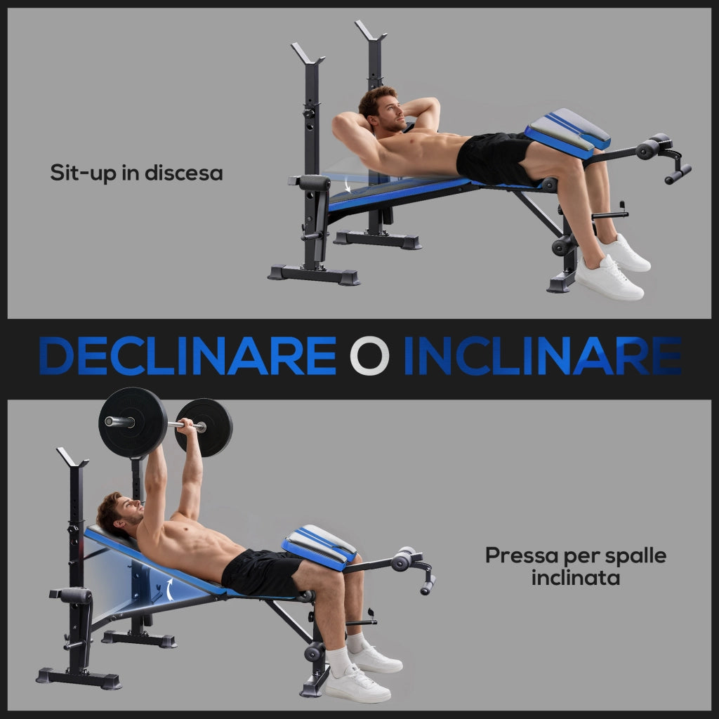 Panca Palestra Pesi Multifunzione 6 in 1 Schienale Regolabile Nero e Blu