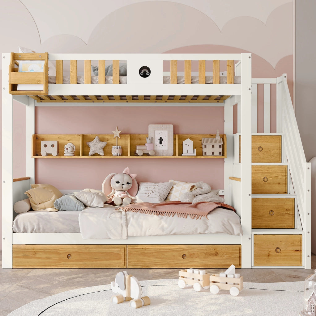 Letto a castello 90x200 cm con scala contenitore, 2 cassetti e ripiani