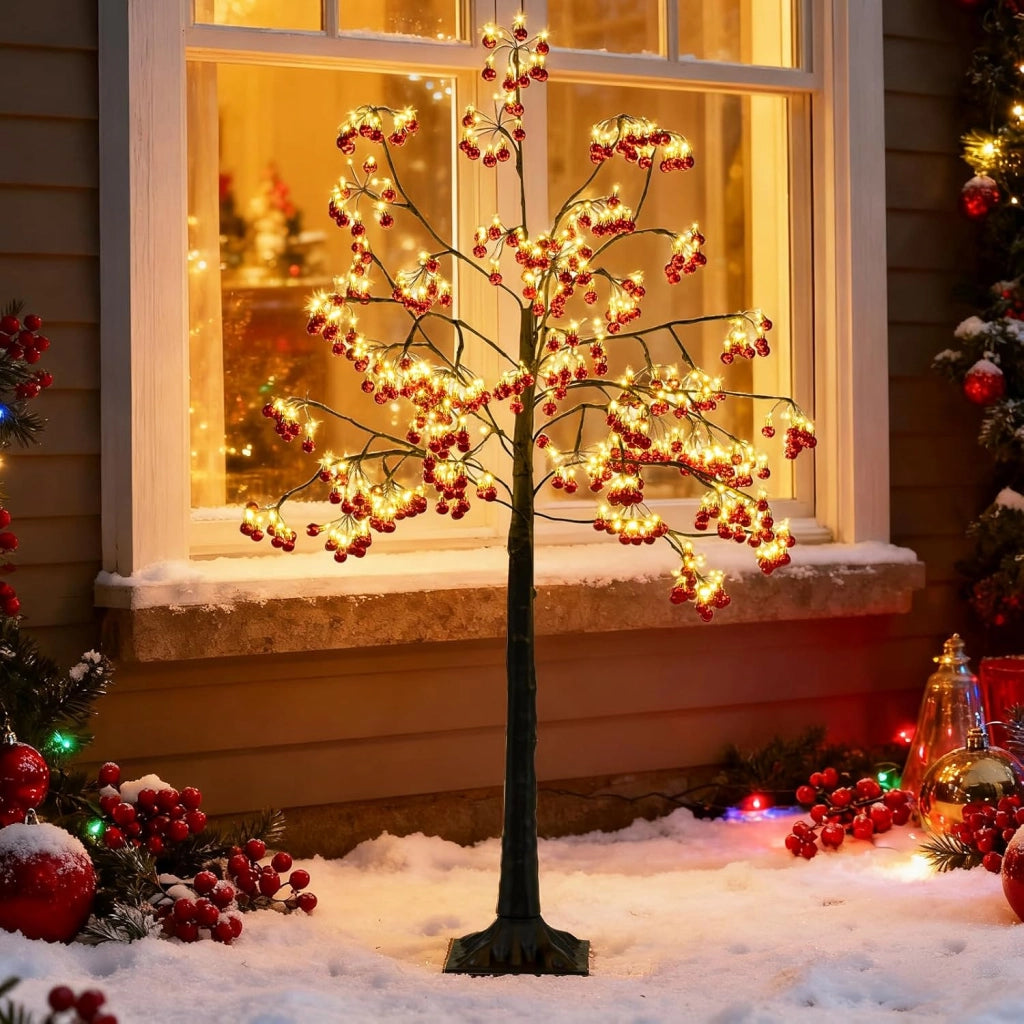 Albero di Natale Decorativo 150 cm, Albero Artificiale con Rami Pieghevoli, 384 Palline Rosse, 480 Luci LED e Picchetti di Ancoraggio, Albero di Natale Illuminato per Uso Interno ed Esterno