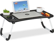 Tavolo da letto pieghevole per laptop con supporto per tablet e bicchieri - nero/bianco - 26 x 63 x 40 cm