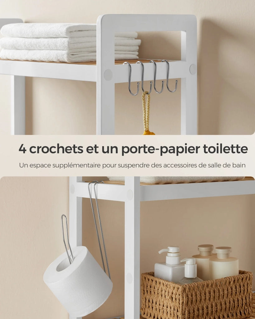 Mobiletto per WC con ripiano sopra il WC 3 ripiani in bambù organizer per bagno con ripiani regolabili portata 15 kg/ripiano facile da montare bianco 12_0006592