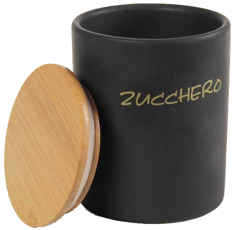 Barattolo in ceramica con tappo di legno COLORI: NERO, Colore e Fantasia: ZUCCHERO