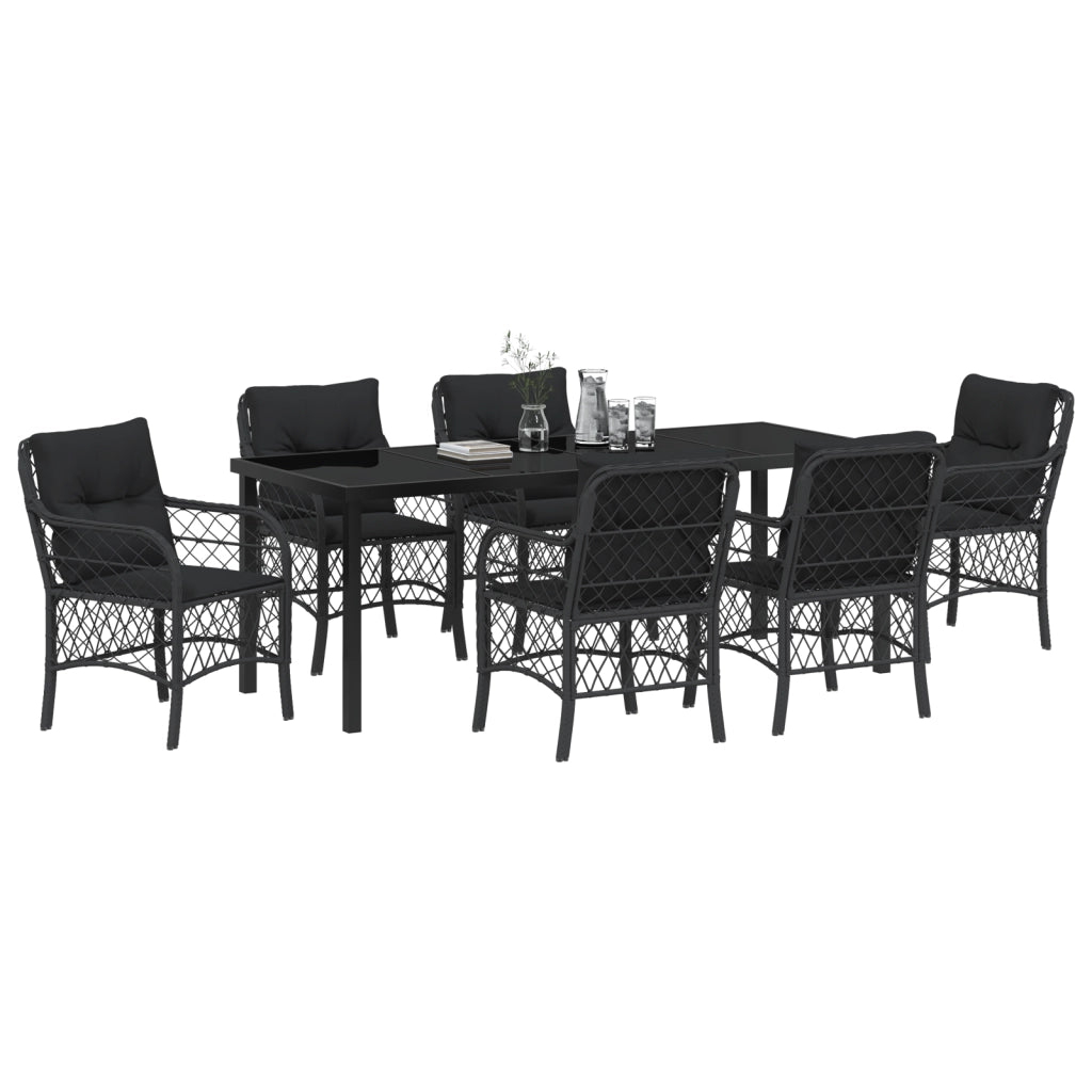 Set da Pranzo da Giardino 7 Pezzi con Cuscini in Polyrattan Nero
