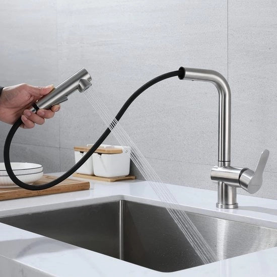 Cranio cucina, con regolazione di rubinetto mobile, doccia, 2 modalità di getto, rotativo 360° con bocca di getto estensibile, acciaio inox, finitura nichelata.