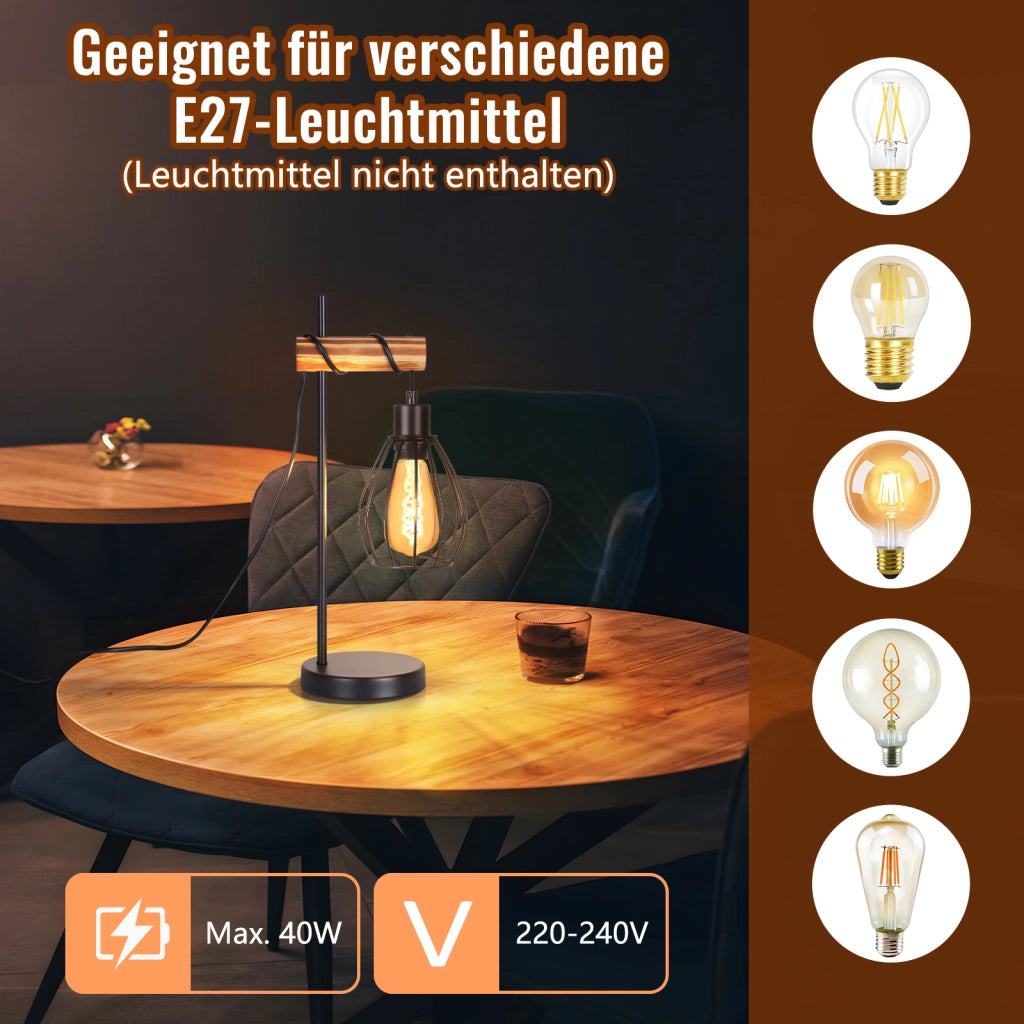 ZMH Lampada da tavolo vintage legno nero industriale metallo E27 senza lampadina per soggiorno ufficio