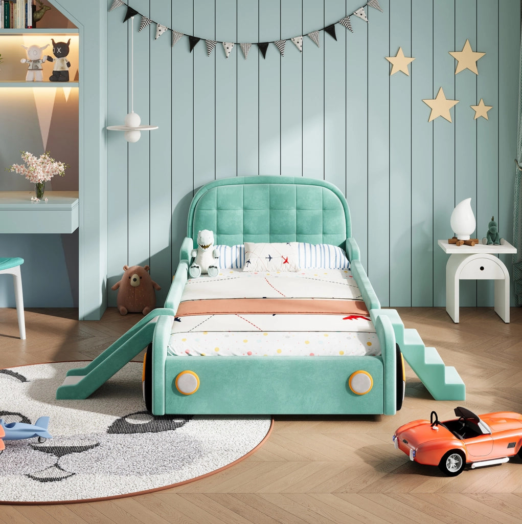 Letto per bambini a forma di auto con scivolo e scala 90x200 cm