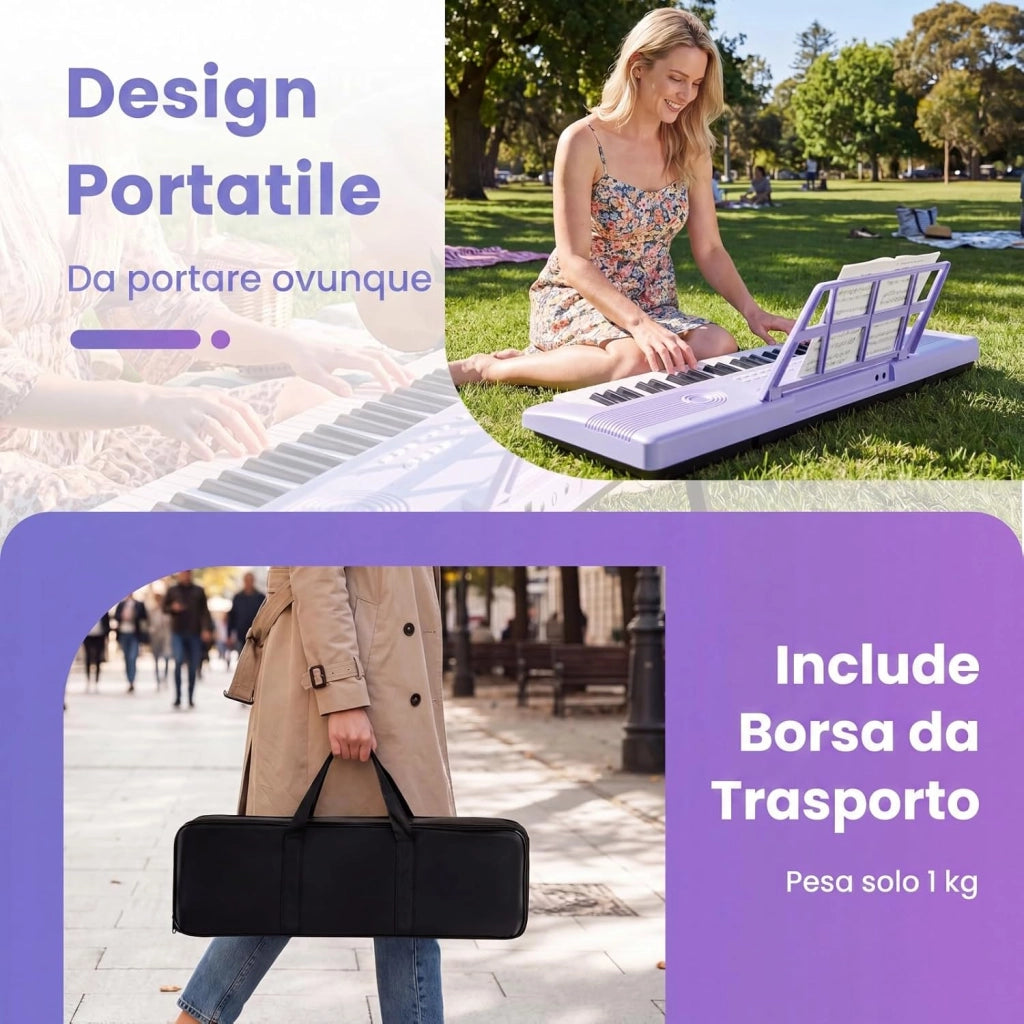 Pianoforte Digitale a 61 Tasti, Pianoforte Elettronica con Supporto, Microfono, Pianoforte Portatile con Adesivi per Tasti e Borsa da Trasporto, per Bambini e Adulti (Viola)