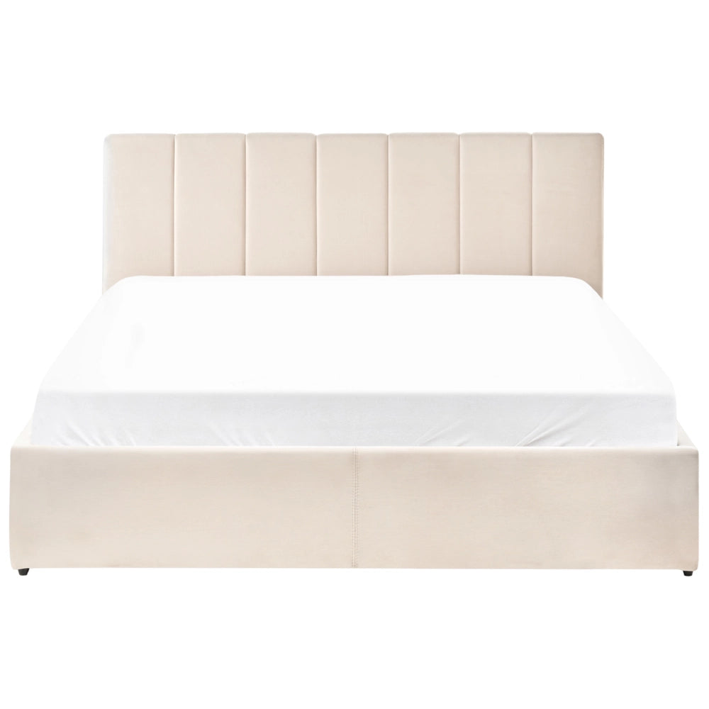 Letto contenitore Rivestimento in velluto beige 160 x 200 cm con testiera a doghe