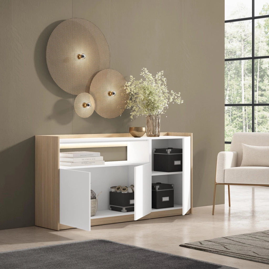 Credenza, Mobile, Cucina, 156x80x37 cm, 3 Porte, LED, Bianco e Rovere soft