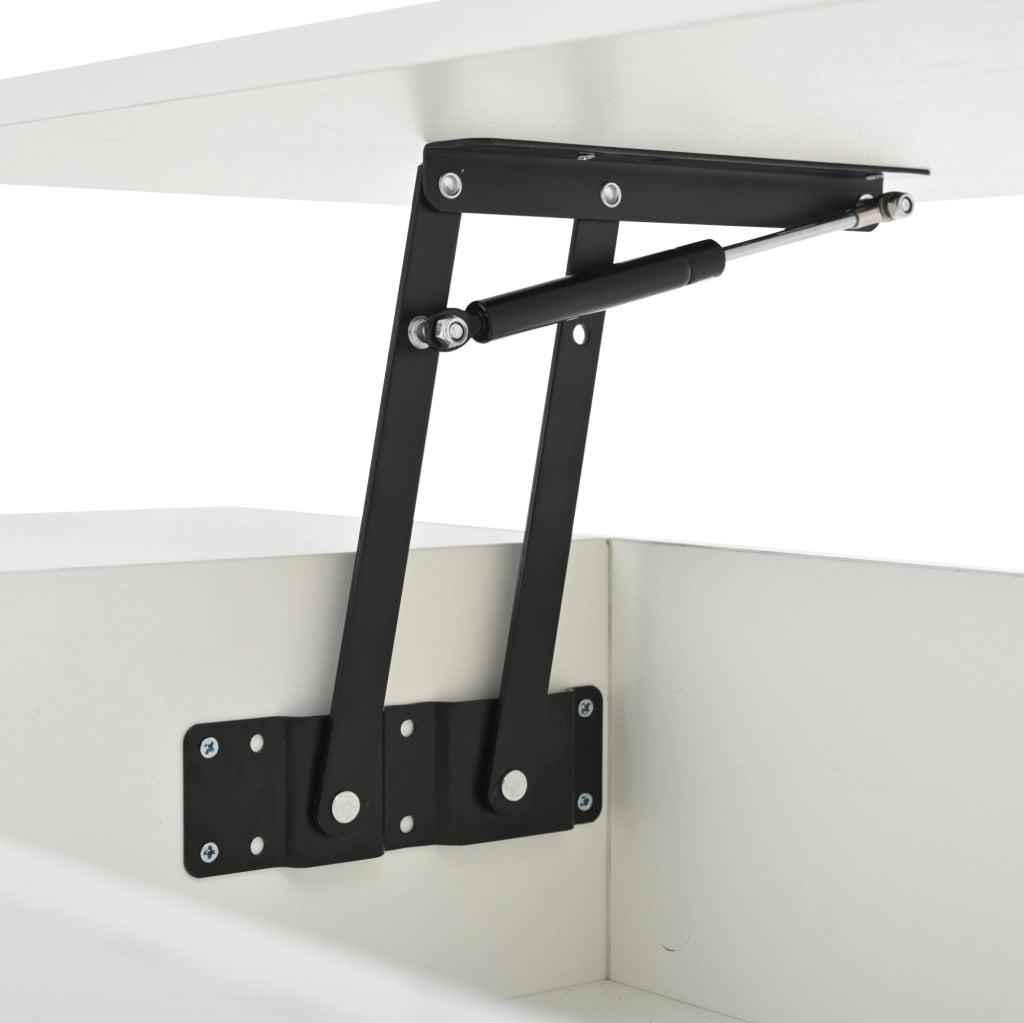 Tavolino da salotto 100x50x45 cm; sollevabile fino a 59 cm con LED e spazio contenitore; truciolato bianco