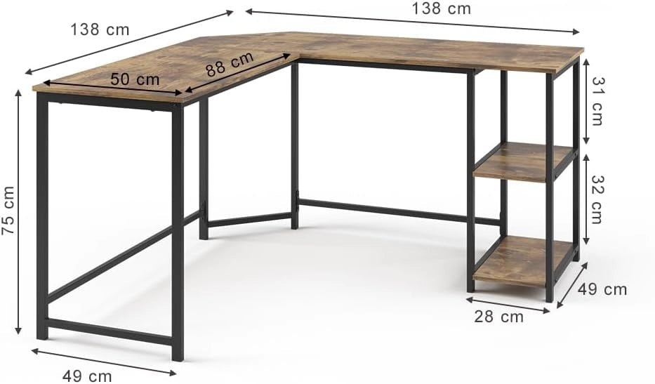 Scrivania angolare Fyrk, Legno antico, 138 x 50 cm, con ripiani aperti per una conservazione salvaspazio