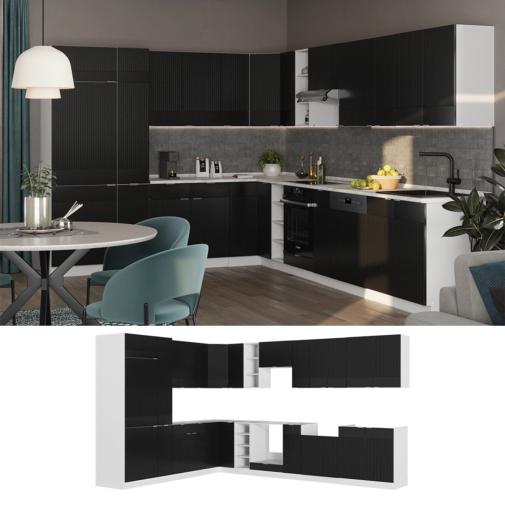 Cucina angolare completa Fame-Line Nero rigato/Bianco 347 x 60 cm, PL Antracite Vicco