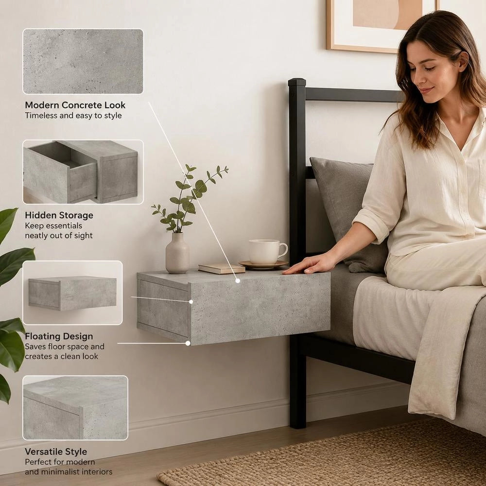 Hanging Bedside Table Concrete Grey 40x30x15 Cm Wood Material