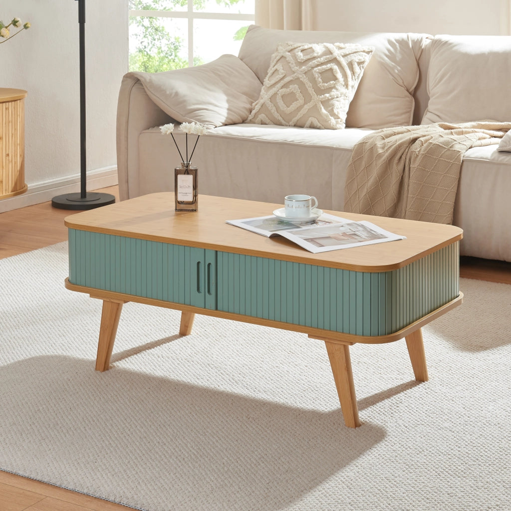 Tavolino Tysvær da Salotto con 2 Ante Scorrevoli in Bambù - Naturale / Azzurro [en.casa]