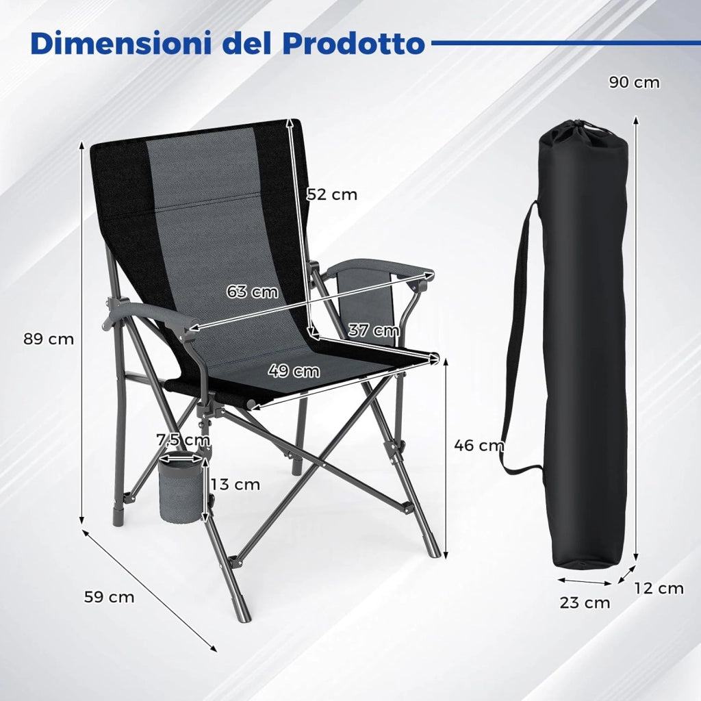 Sedia da Campeggio Portatile, Sedia da Esterno Pieghevole in Tessuto Oxford con Porta Bicchiere e Tasca Laterale, Seduta in Metallo Resistente con Sacca di Trasporto, Portata 160 kg (Nero,2)