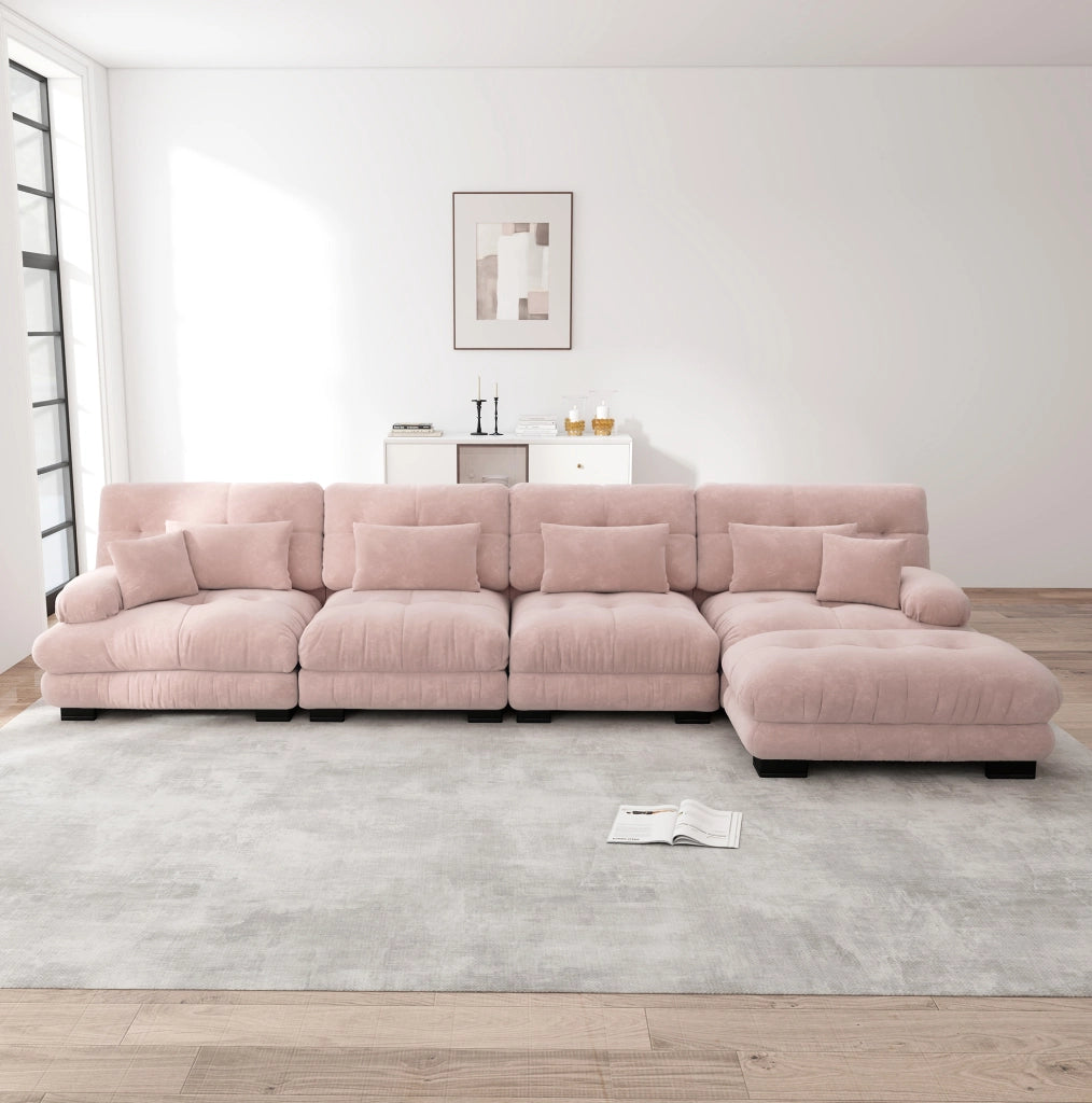 Divano modulare angolare in chenille rosa con pouf mobile; 4 posti