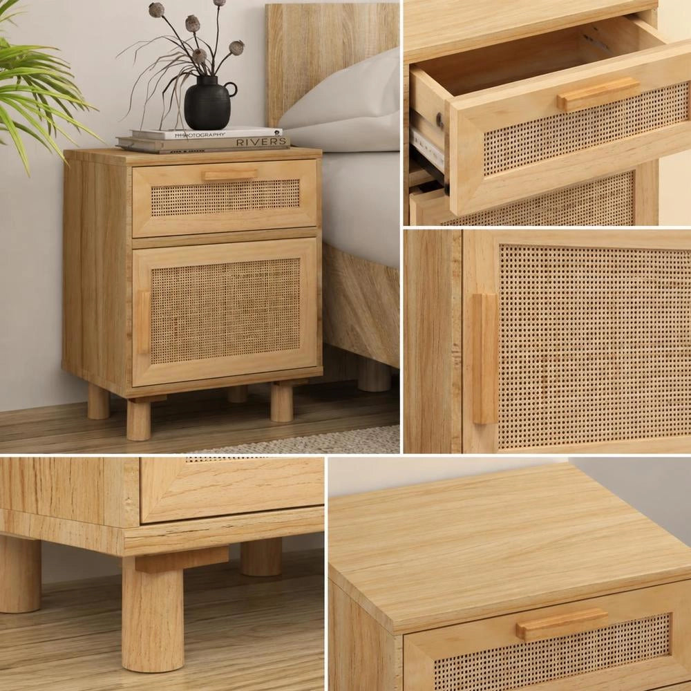 Bedside Table Brown Solid Pine And Natural Rattan