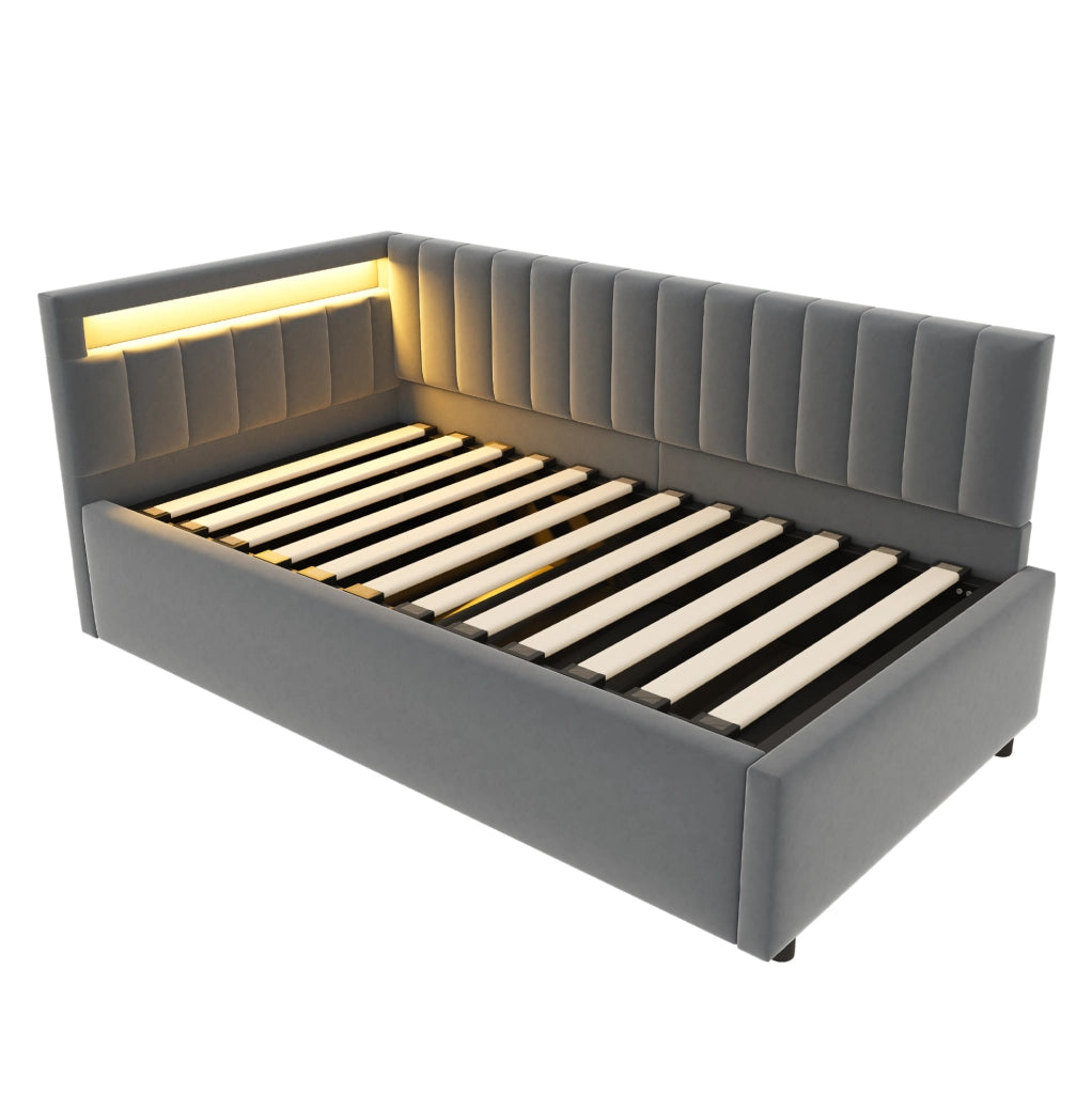 Divano letto 90x200 cm con LED e contenitore; velluto grigio (Senza materasso)