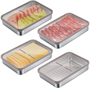 Set di 4 contenitori in acciaio inossidabile per carni fresche, con coperchio trasparente, organizzatore per frigorifero e congelatore per formaggi, carni, carni - resistente al lavastoviglie e ripiegabile