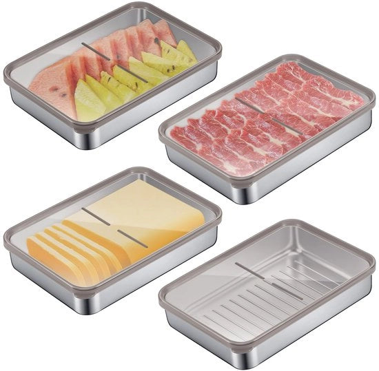 Set di 4 contenitori in acciaio inossidabile per carni fresche, con coperchio trasparente, organizzatore per frigorifero e congelatore per formaggi, carni, carni - resistente al lavastoviglie e ripiegabile