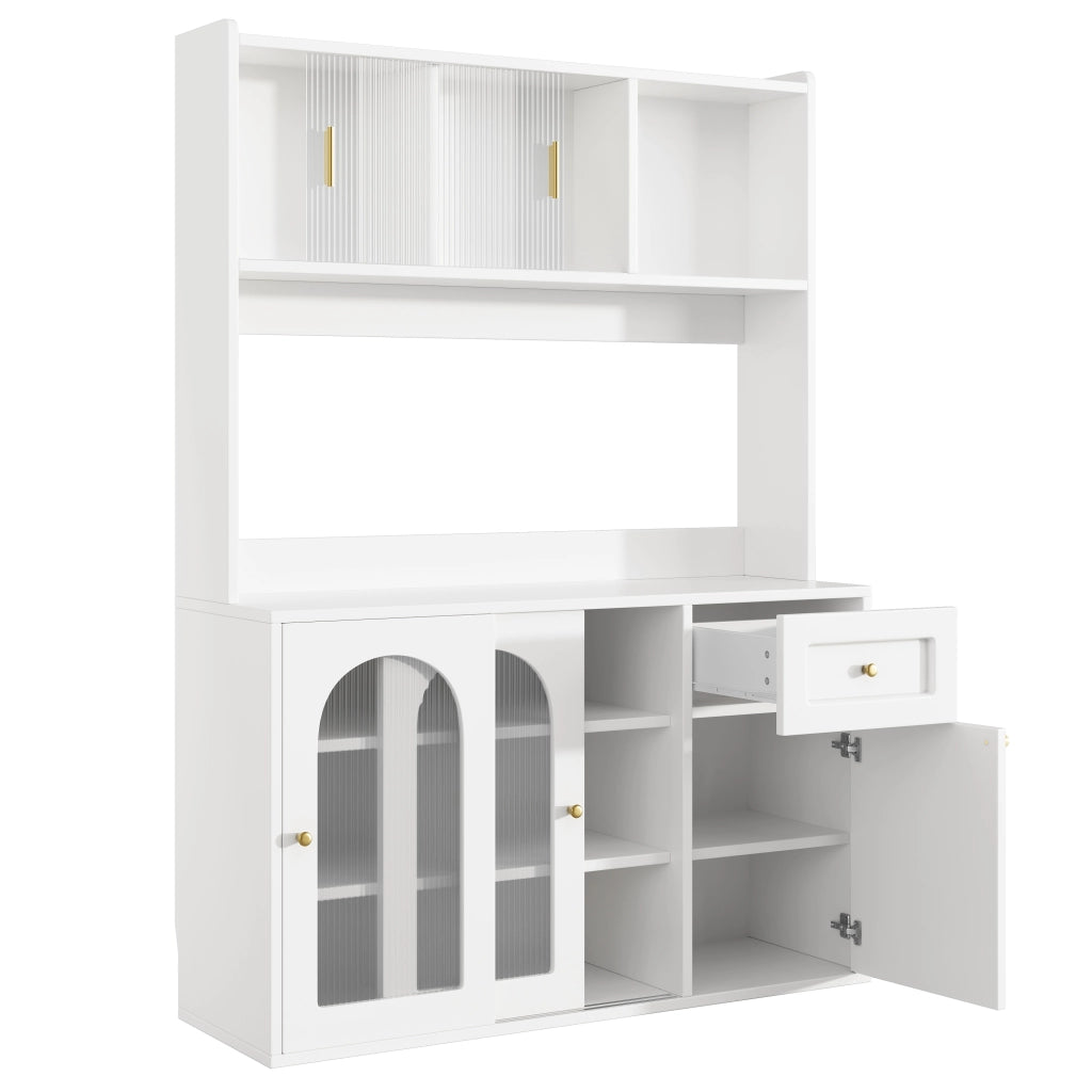 Credenza Cucina Alta con Ante Scorrevoli in Vetro; Cassetti; Ripiani Regolabili e LED; in MDF; 120x35x167 cm