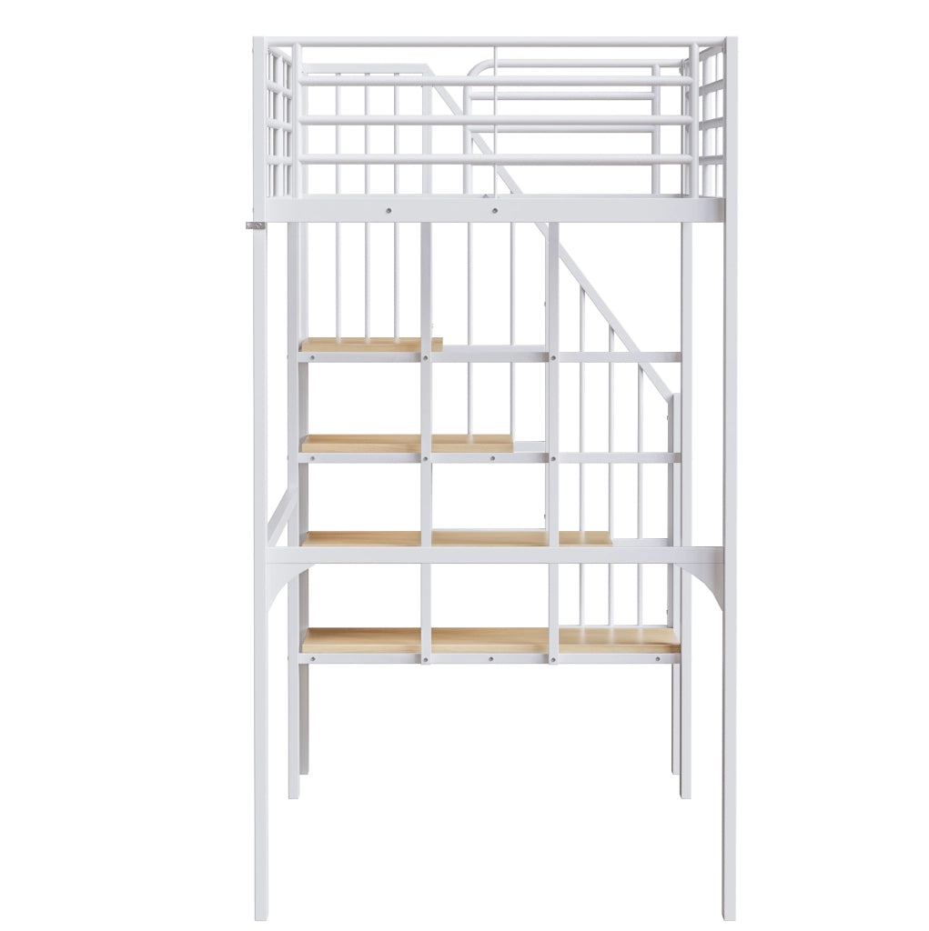 Letto a soppalco 90x200 cm in metallo e legno; con scala e spazio contenitore; bianco