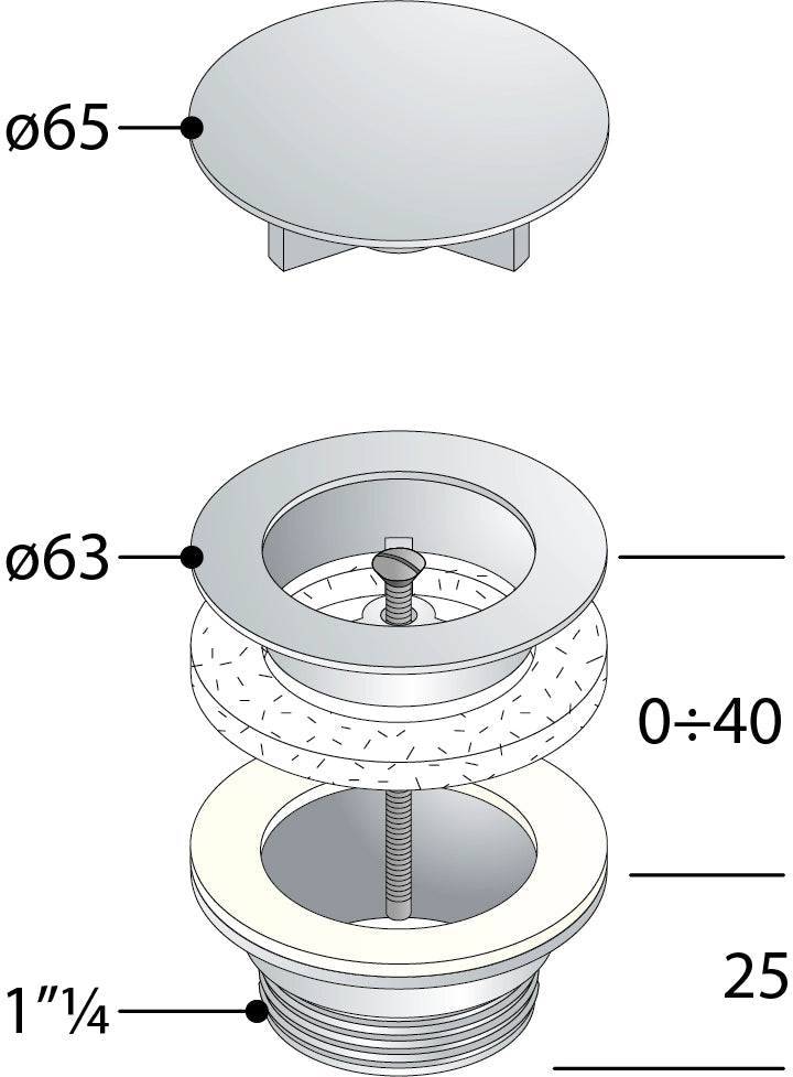 PILETTA UNIVERSALE A SCARICO LIBERO CON VITE CENTRALE- Diam. 63 x 11/4- TEA- pezzi 1