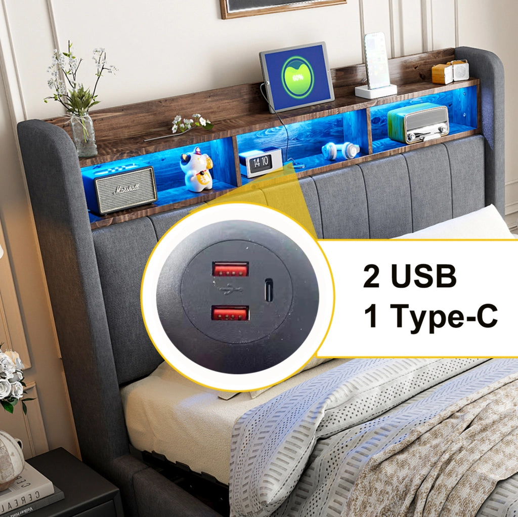 Letto imbottito grigio 180 x 200 cm con LED, USB e vano contenitore