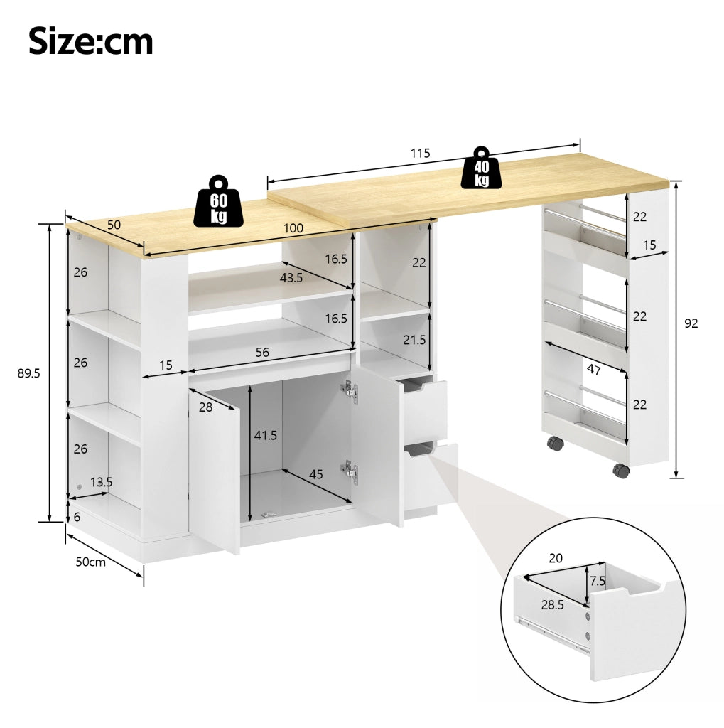 Isola da cucina con piano girevole estraibile, 115 cm