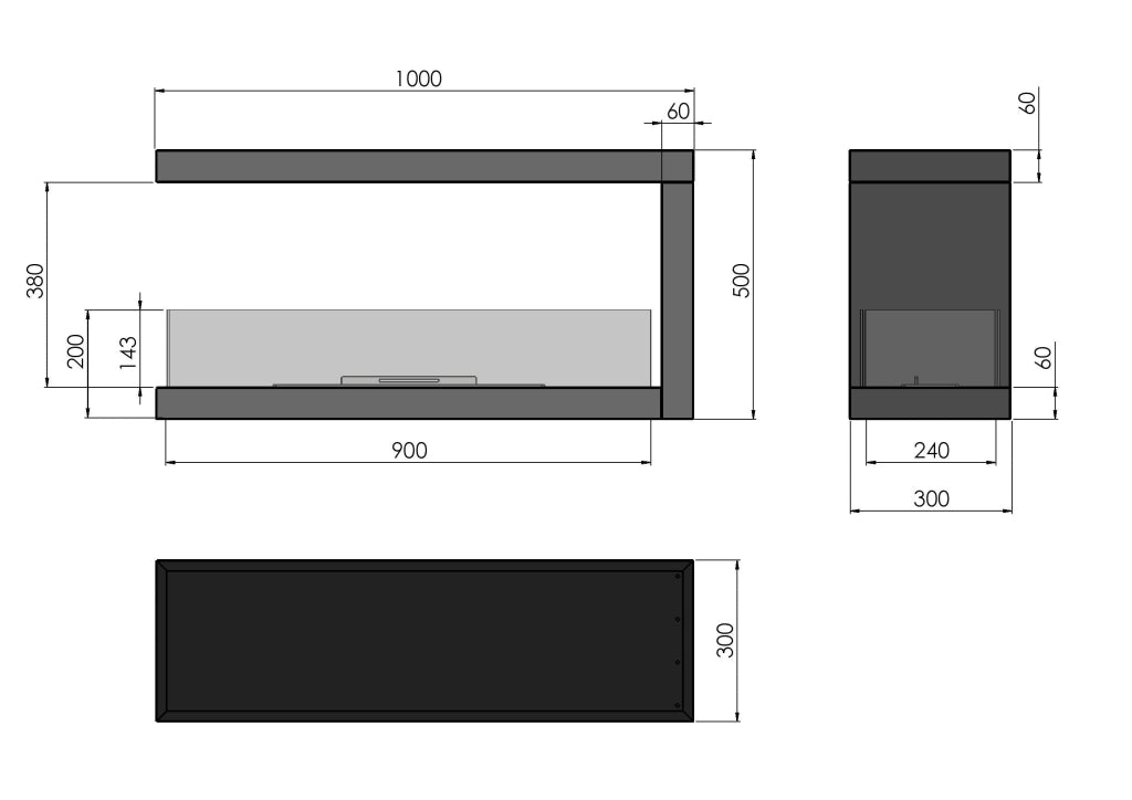 Camino a Bioetanolo Trifacciale da Incasso 100x50 cm Inside U 1000 V1 Nero con Vetro