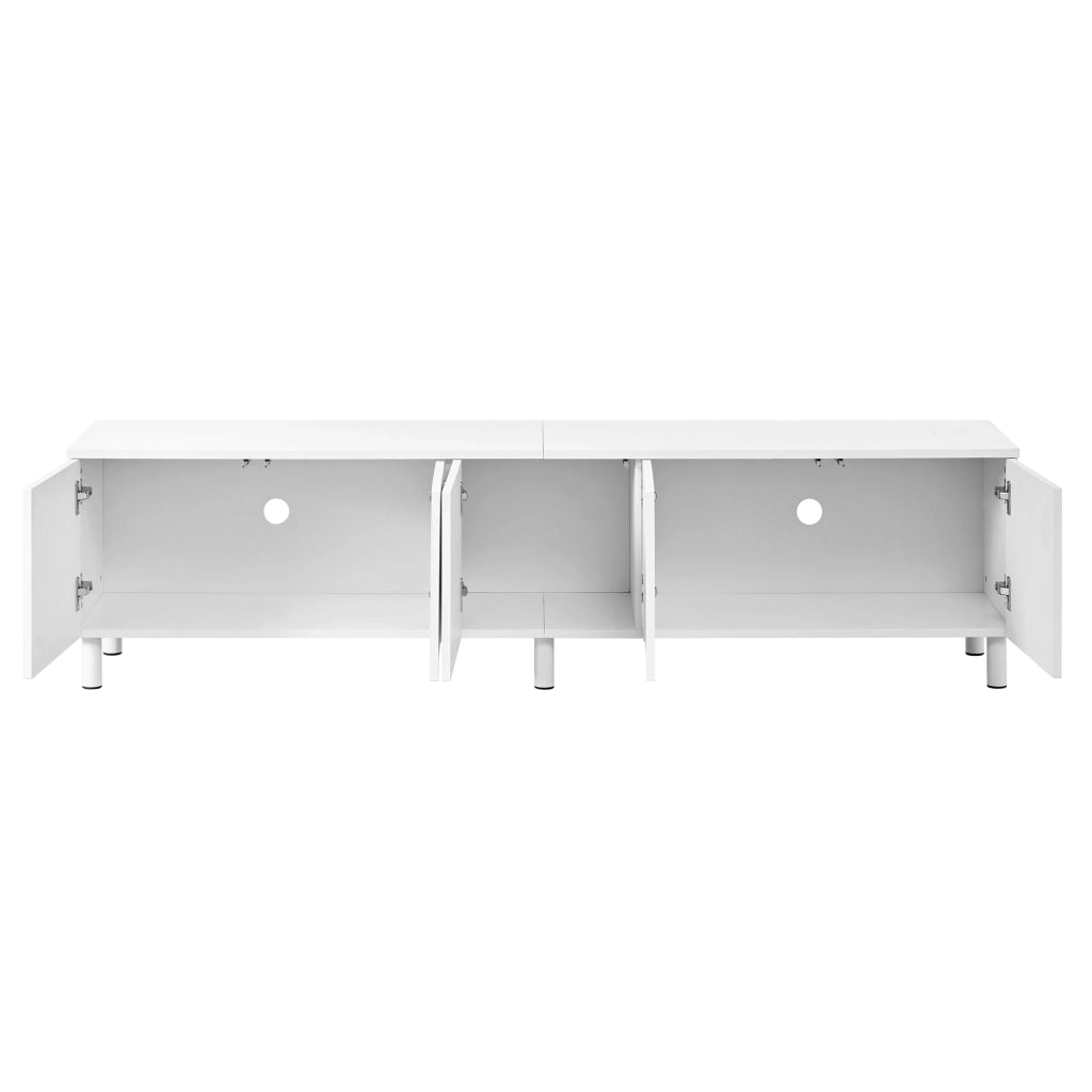 Mobile porta TV con 5 ante e passacavi, piedi in metallo, in MDF e PB, per soggiorno, bianco, 180 × 38 × 45 cm