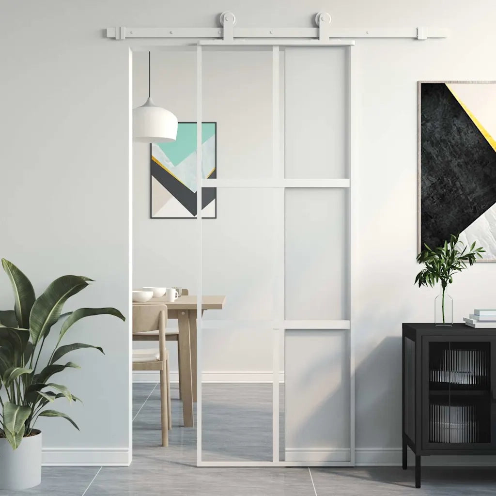 Porta Scorrevole Bianca 76x205 cm Vetro Temperato e Alluminio 155216