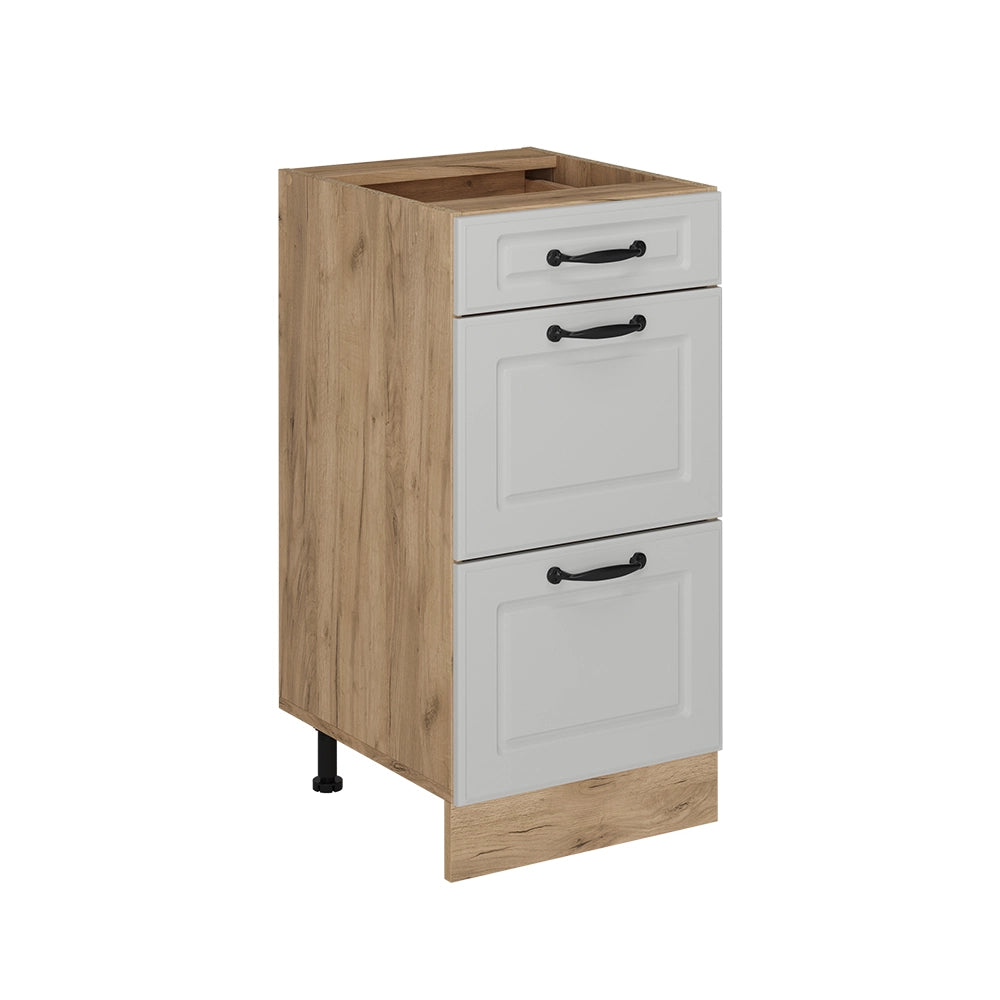 Mobiletto base per cucina R-Line Bianco rustico/Rovere dorato 40 cm con cassetti, senza piano di lavoro Vicco