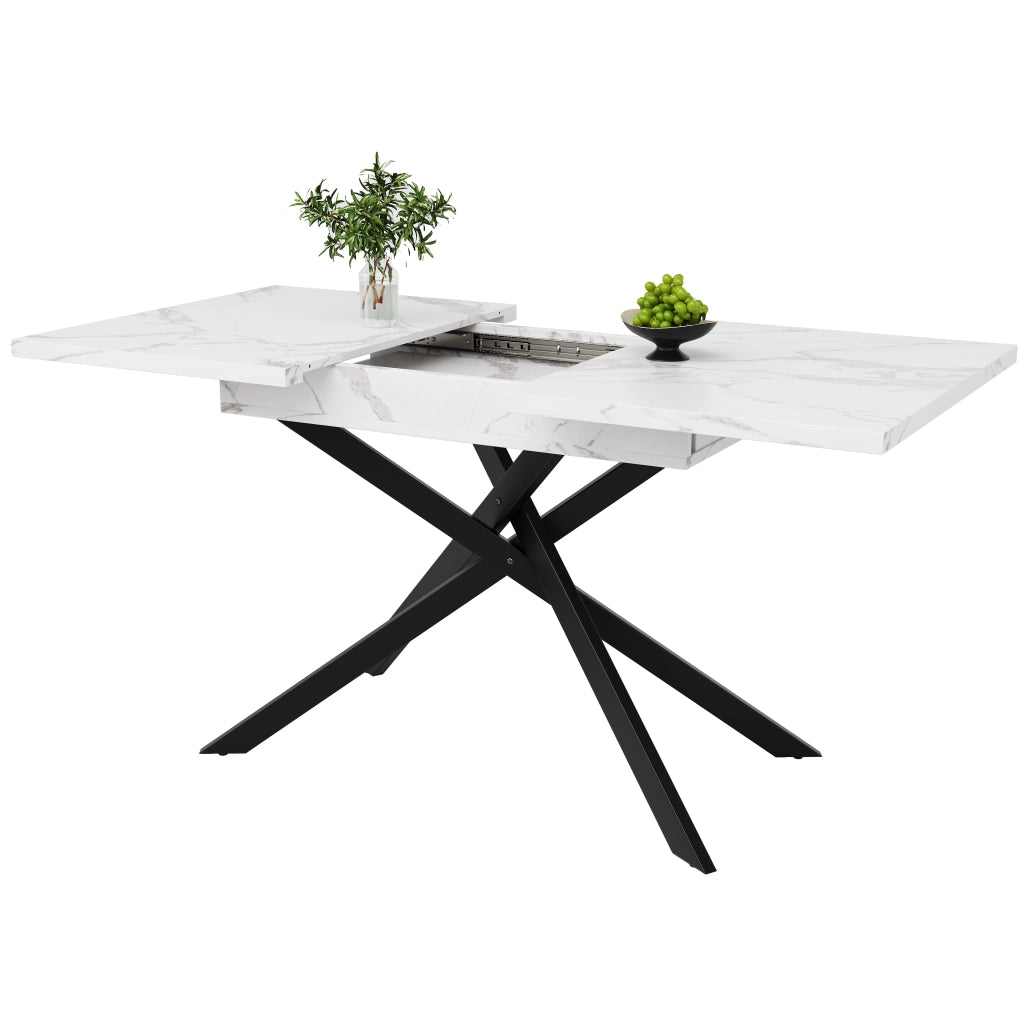Tavolo allungabile per 6-8 persone con gambe incrociate in metallo, per cucina e soggiorno, bianco e nero, 120 × 80 × 76,5 cm