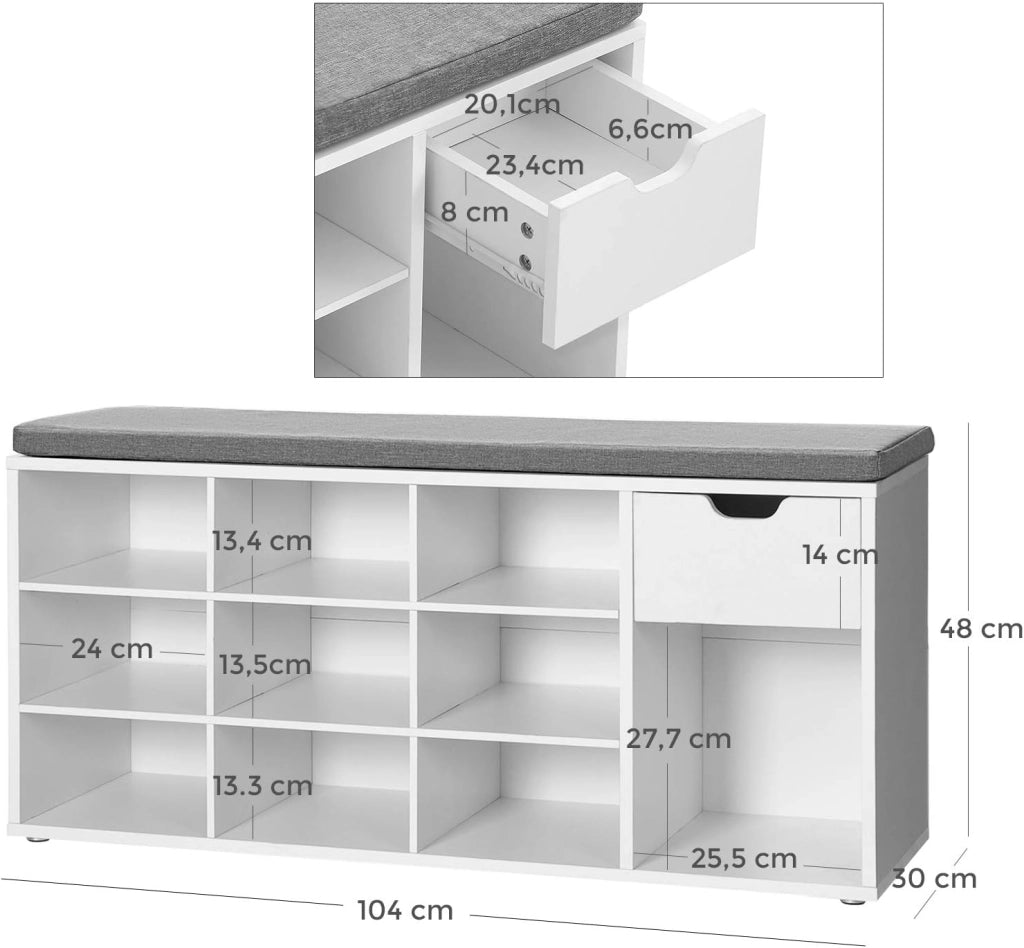 VASAGLE Panca Scarpiera, Panca Contenitore con Cassetto e Scomparti Aperti, Scaffale Portascarpe, Seduta Imbottita, Ingresso Camera da Letto, 30 x 104 x 48 cm, Bianco e Grigio LHS24WT