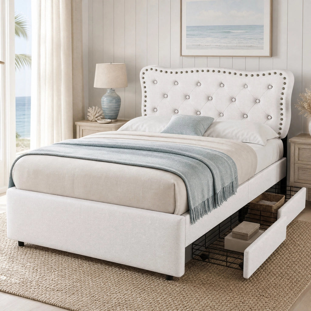 LETTO imbottito 90x200 cm beige chiaro con 2 cassetti