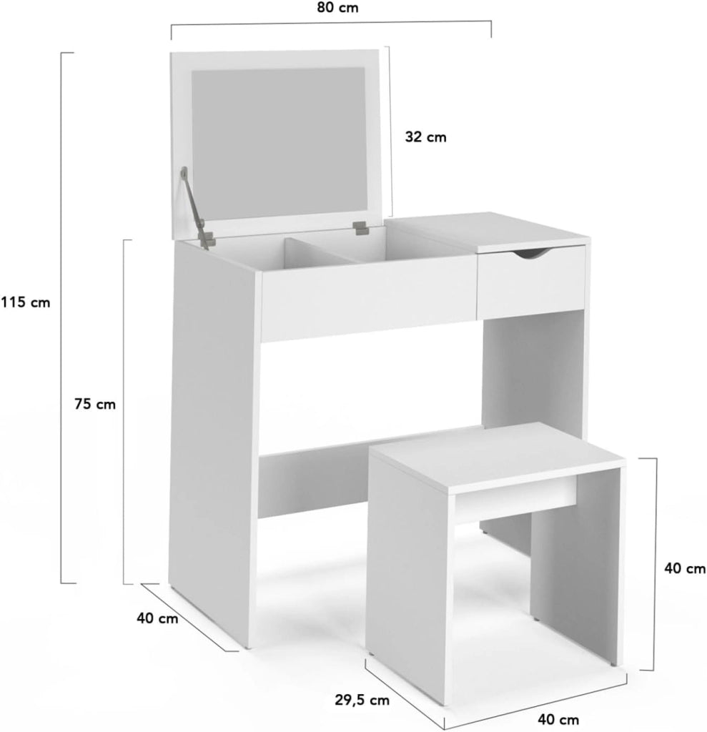 Mobiletto ZELIA con specchio pieghevole, 1 cassetti e 1 sgabello