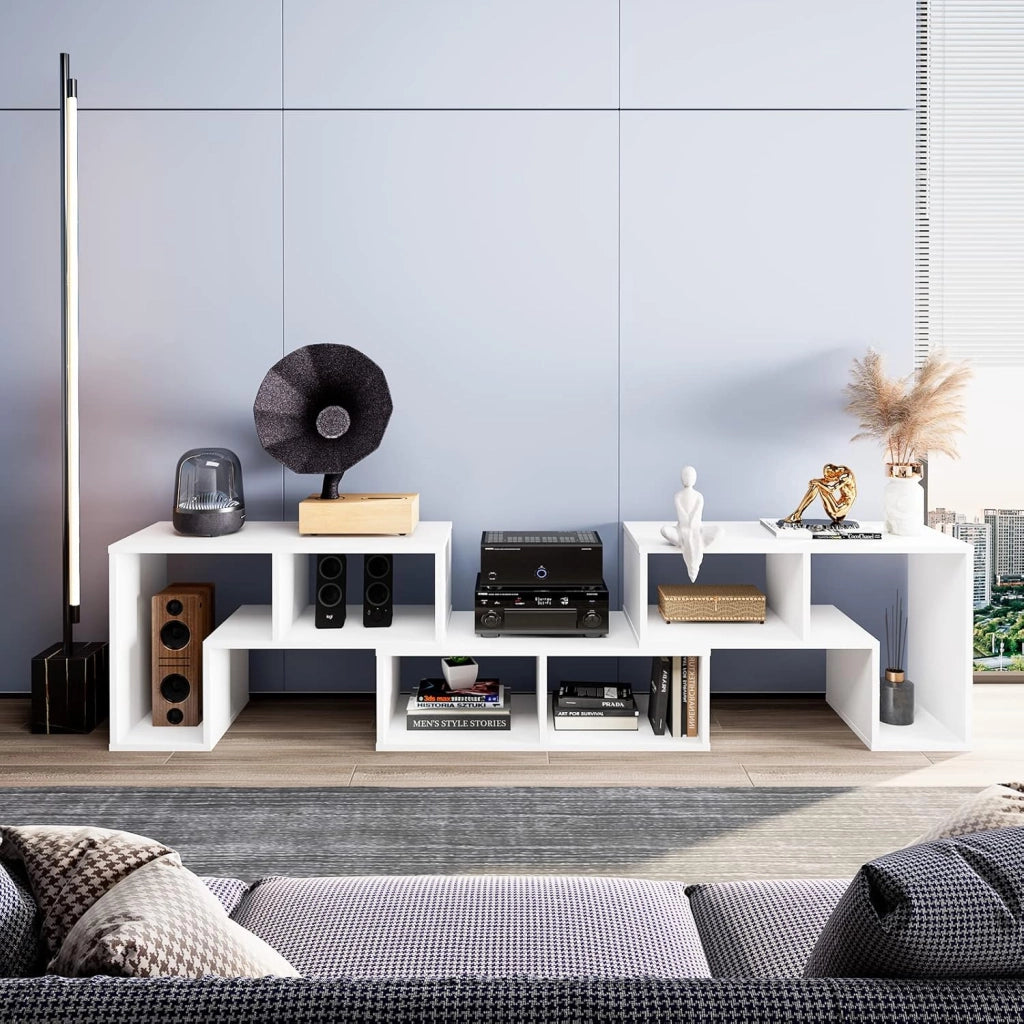 Mobile TV Soggiorno in Legno, Mobile Porta TV Liberamente Combinabile, per TV fino a 65”, Mobiletto TV Multifunzione con 6 Vani Aperti, 134 x 30 x 43 cm, Bianco (QE09327FQDE)