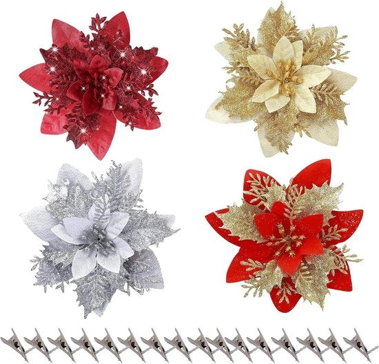 Fiori di Natale con Glitter - Decorazione di Natale invernale - 16 pezzi