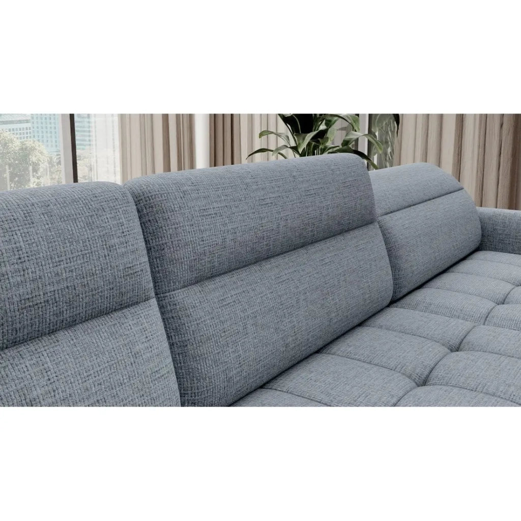 Divano angolare trasformabile BERTHO 306 cm blu grigio effetto melange – Angolo destro con contenitore