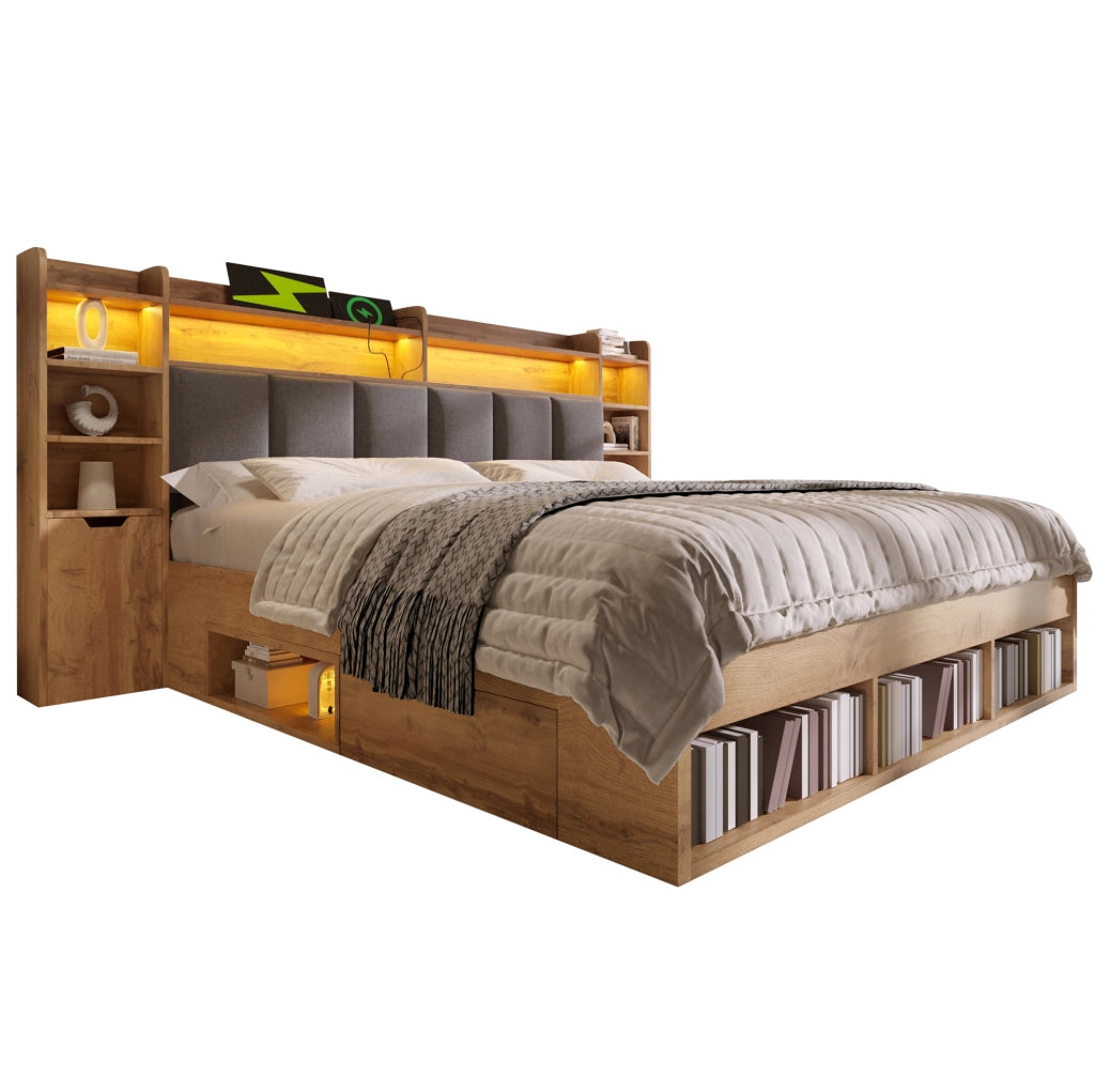 Letto matrimoniale 160x200 cm effetto rovere con LED; porte USB e USB-C; contenitore