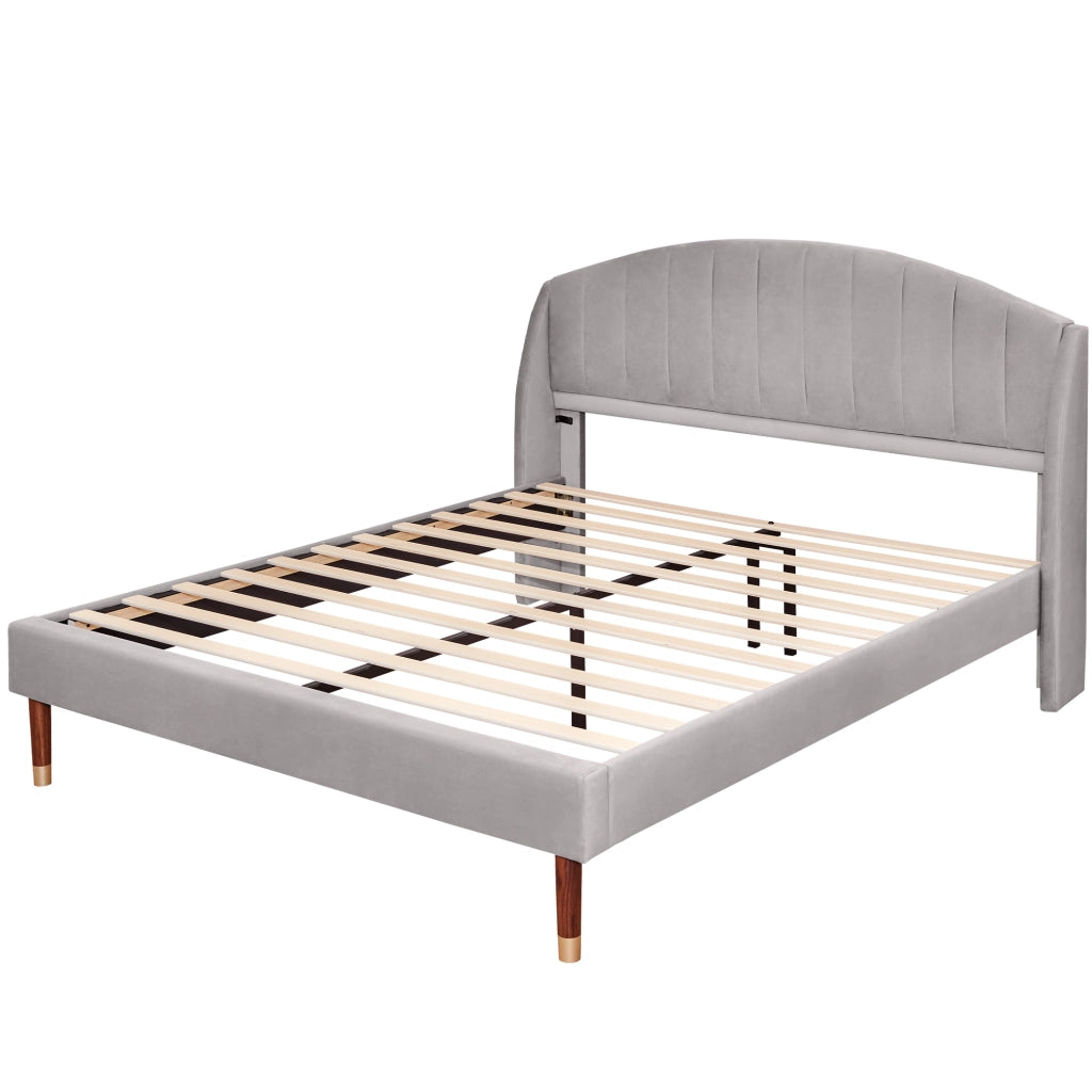 Letto Matrimoniale 160×200 cm con Testiera Imbottita; senza Materasso; in Velluto; Grigio