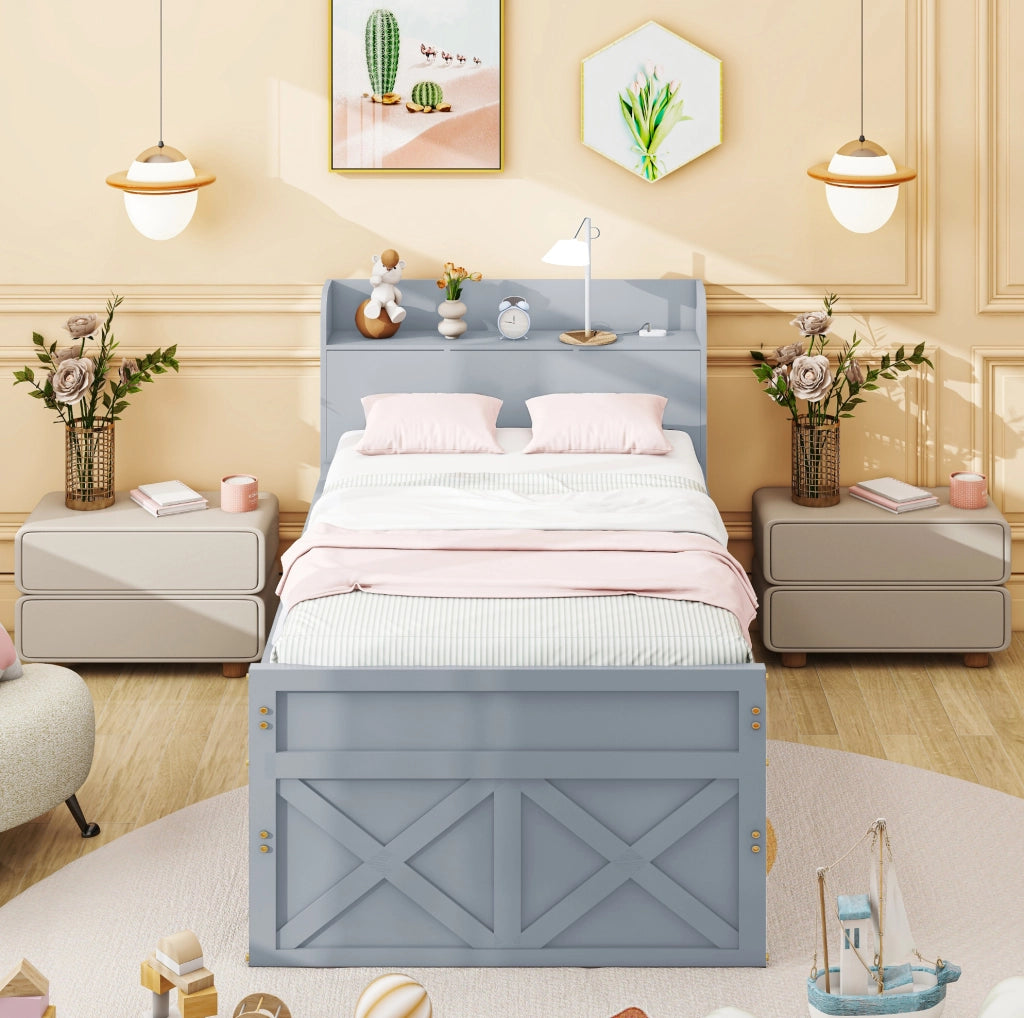 Letto in legno multifunzionale 90x190 con contenitore, cassetti e USB