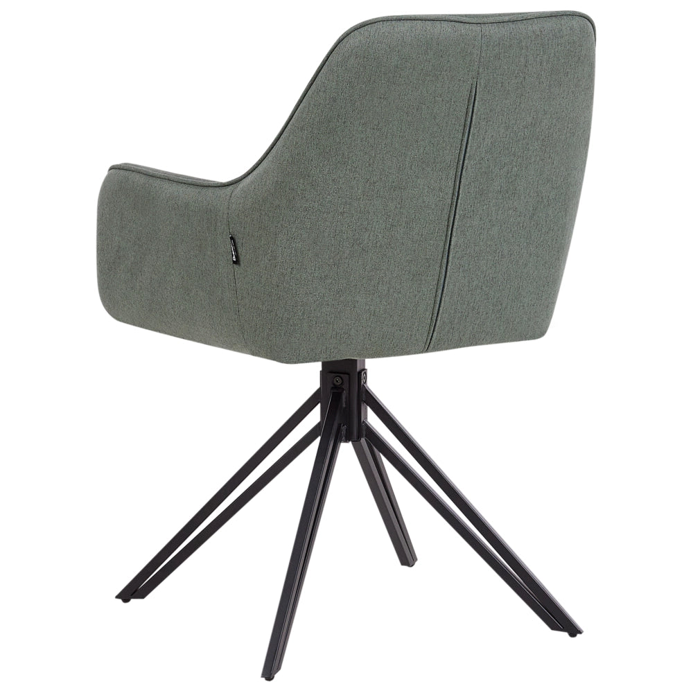 Set di 2 sedie da pranzo girevoli in tessuto verde scuro con braccioli e schienale in metallo nero con gambe in stile retrò
