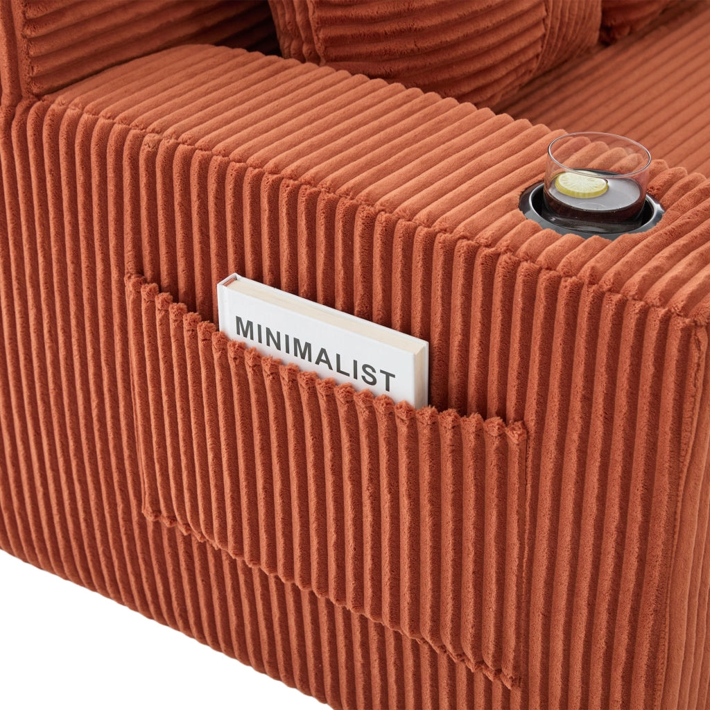 Divano pouf 151x133x64 cm con tasche laterali in velluto a coste arancione