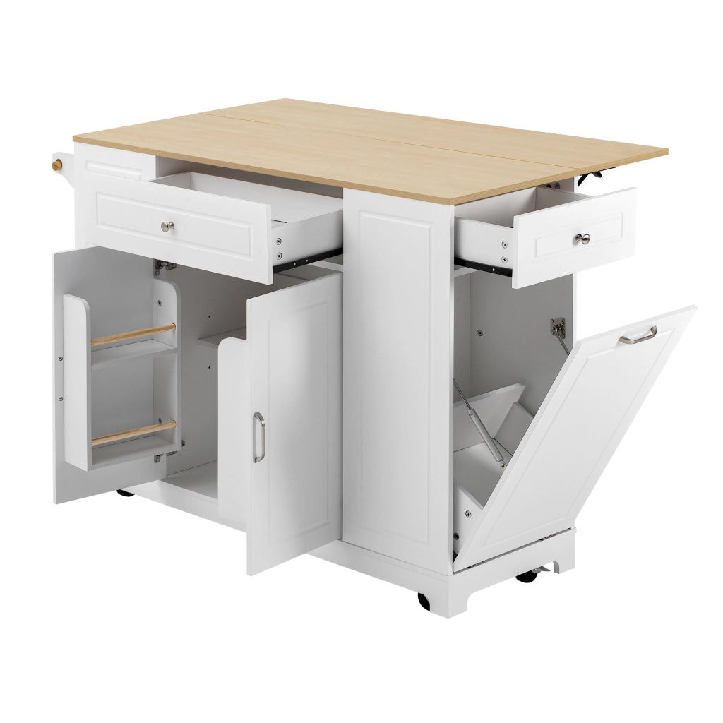 Isola da cucina mobile - Zephmum - Con tavolo estraibile e cassonetto rifiuti (Bianco)