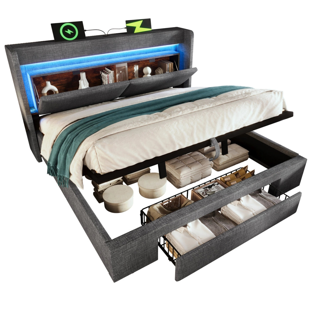 Letto imbottito 140x200 cm grigio con LED, ricarica USB/USB-C, contenitore e materasso H3
