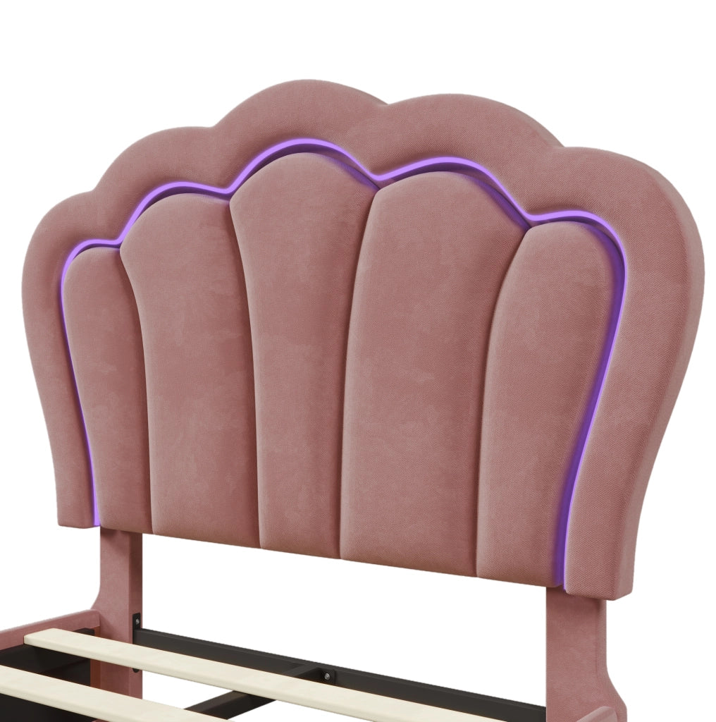 Letto imbottito 90x190 cm LED RGB; testiera regolabile; velluto rosa (Senza materasso)
