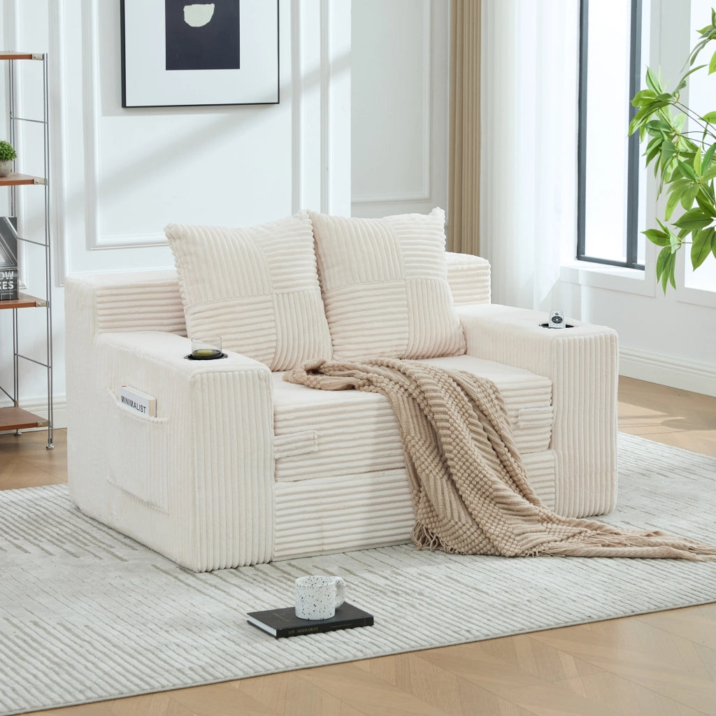 Divano pouf in velluto a coste con 2 cuscini e tasche laterali; 151x133x64 cm; beige